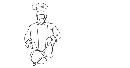 Sticker - continuous line drawing vector illustration with FULLY EDITABLE STROKE of chef cutting turkey wearing face mask