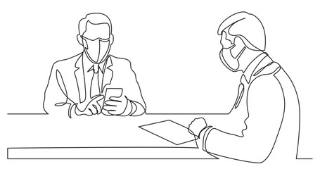 Wall Mural - continuous line drawing vector illustration with FULLY EDITABLE STROKE of two businessmen on conversation wearing face mask