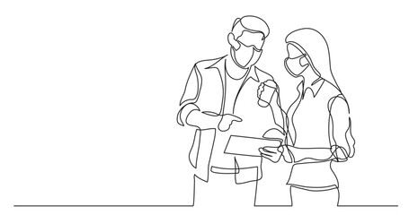 Wall Mural - continuous line drawing vector illustration with FULLY EDITABLE STROKE of two coworkers talking together about work wearing face mask