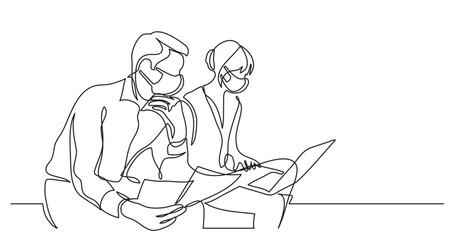 Wall Mural - continuous line drawing vector illustration with FULLY EDITABLE STROKE of two coworkers working on documents with laptop computer wearing face mask