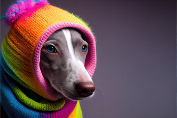 whippet dog wearing knittedhood, Generative AI