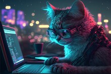 Abstract Cat Hacker Working On Laptop, Technology Cyberpunk Background,Cinematic,Generative Ai