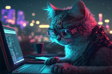 Abstract cat hacker working on laptop, Technology cyberpunk background,Cinematic,Generative ai