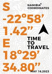 Travel poster of topographic line map. Vector line pattern of geographic map countour. Outline pattern of Namibia coordinates. Topography map background.