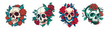 Vector Skull And Rose Flower Logo Icon Set. Art Halloween Floral Detailed Tattoo Illustration Collection, Vintage Retro Design Background. Skeleton Head Death Gothic Symbol Decoration