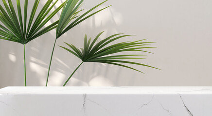 Modern minimal empty white marble stone counter table top, bamboo palm tree in sunlight, leaf shadow on wall background for luxury organic cosmetic, skin care, beauty treatment product display 3D