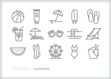 Set Of Summer Line Icons For Enjoying Warm Weather Outdoors In The Sun And At The Beach