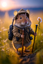 A Cute Funny Field Mouse Dressed Like A Mountaineer Hiking In A Field Of Wildflowers, Generative AI
