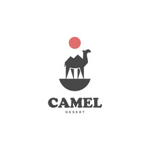 Camel Logo Standing In The Desert Design Vector Illustration