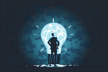 dark slate blue Flat vector illustration business thinking and creativity concept and businessman with light bulb




