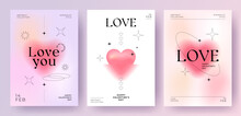 Modern Design Templates Of Valentines Day And Love Card, Banner, Poster, Cover Set. Trendy Minimalist Aesthetic With Gradients And Typography, Y2k Backgrounds. Pale Pink Yellow, Purple Vibrant Colors.