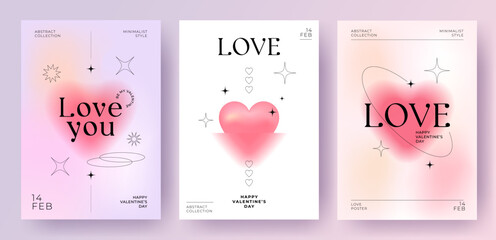 Wall Mural - Modern design templates of Valentines day and Love card, banner, poster, cover set. Trendy minimalist aesthetic with gradients and typography, y2k backgrounds. Pale pink yellow, purple vibrant colors.