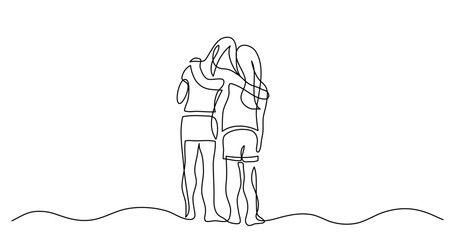 Wall Mural - continuous line drawing vector illustration with FULLY EDITABLE STROKE - of two teenage girls hugging each other