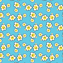 Smile Flower Funny Seamless Pattern Summer Festival On Blue Background Vector Illustration