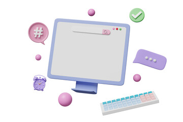 3d social media with computer monitor icons, chat bubbles, checkmark isolated. online social, seo communication applications, template concept, 3d render illustration