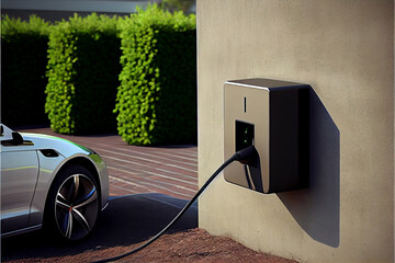 New charging station for electric car on brick wall at home, charging pillar with copy space , space for text