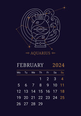 Wall Mural - 2024 Astrology wall monthly calendar with Aquarius zodiac sign. February calendar template with zodiac constellation on dark blue sky, week starts on Monday thin line vector illustration