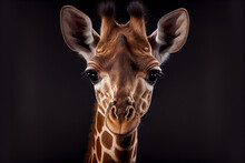 Portrait Of A Baby Giraffe On A Black Background. Generative Ai
