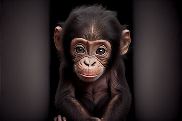 Wall Mural - Portrait of a baby bonobo monkey on a black background. generative ai