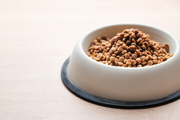 Wall Mural - A bowl of dog food on a wooden floor.