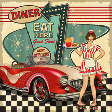 Vintage Diner Poster In Traditional American Style With Waitress On Roller Skates.