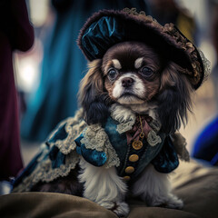 Wall Mural - Portrait of puppy in a fashion suit, 
Dog dressed with Victorian stile in a fancy dress and hat. Fashion parade. Digital art painting