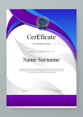 Modern certificate template design. Certificate of achievement layout with gold magenta border and luxury pattern. Diploma award certificate in portrait landscape