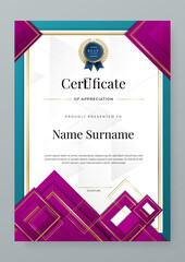 Modern certificate template design. Certificate of achievement layout with gold magenta border and luxury pattern. Diploma award certificate in portrait landscape