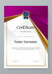 Modern certificate template design. Certificate of achievement layout with gold magenta border and luxury pattern. Diploma award certificate in portrait landscape