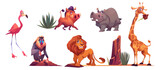 Fototapeta Pokój dzieciecy - African wild animals from safari park, zoo or savanna in Africa. Cute characters of hippo, lion, giraffe, baboon, flamingo and warthog isolated on white background, vector cartoon set