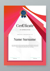 Modern certificate template design. Certificate of achievement layout with red frame border and luxury pattern. Diploma award certificate