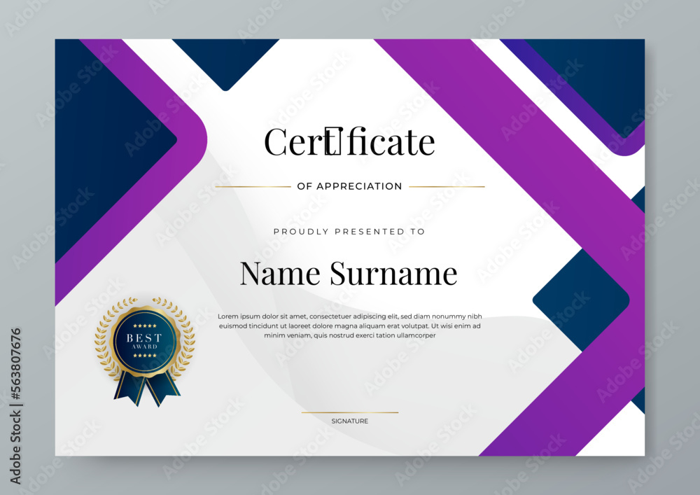 Blue and purple certificate of achievement template set with gold badge ...