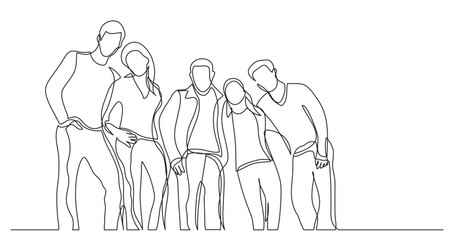 Wall Mural - continuous line drawing vector illustration with FULLY EDITABLE STROKE of group of young student friends standing together posing smiling