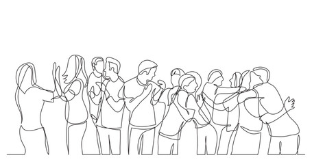Wall Mural - continuous line drawing vector illustration with fully editable stroke of large team of friends chee
