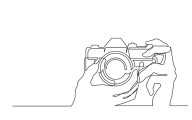 Wall Mural - continuous line drawing vector illustration with FULLY EDITABLE STROKE of hands holding photo camera