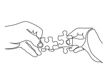 Wall Mural - continuous line drawing vector illustration with FULLY EDITABLE STROKE of hands solving jigsaw puzzle
