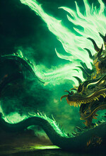 Green Dragon On Black Background. Generative Ai