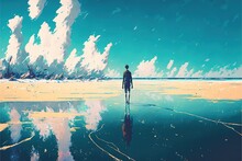 Man Walking Standing On The Sea Side Beach. Digital Style. Illustration. Digital Illustration. Digital Painting. Generative AI