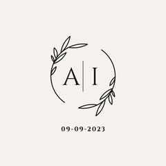 Wall Mural - Letter AI wedding monogram logo design with simple natural circle leaf frame