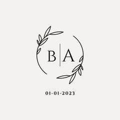 Letter BA wedding monogram logo design with simple natural circle leaf frame