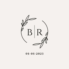 Letter BR wedding monogram logo design with simple natural circle leaf frame