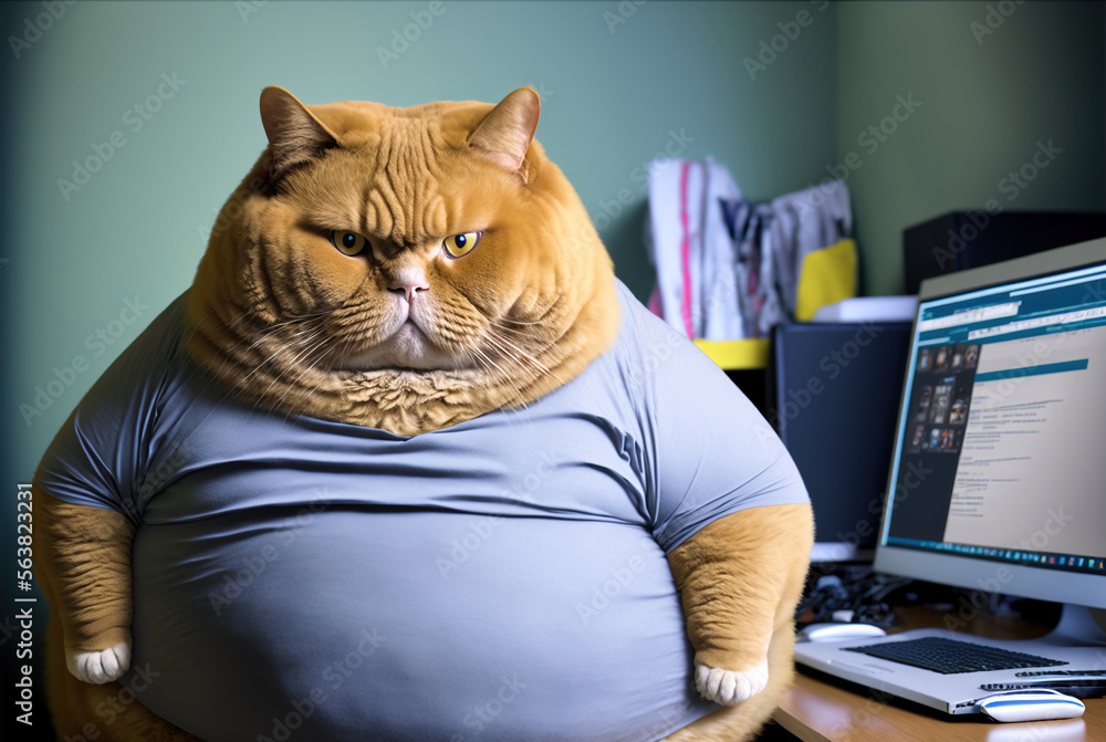 A fat cat is sitting at the office table in front of a computer. Sedentary lifestyle concept, generative ai