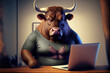© Rawf8 - A fat bull is sitting at the office table in front of a computer. Sedentary lifestyle concept, generative ai