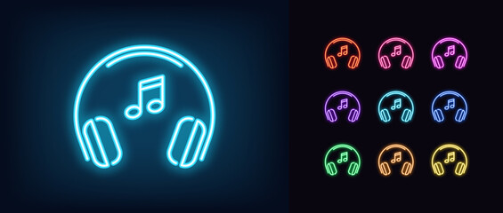Wall Mural - Outline neon headphones icon set. Glowing neon headset frame with music note sign, listen sound podcast. Dj and gamer headphones, musical track, dance mix, radio show.