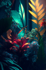 Wall Mural - tropical flowers and leaves on a dark background