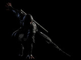 A ninja poses for a landing in the dark. 3D illustration.