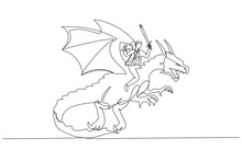 Businessman Riding A Dragon Concept Of Overcoming Adversity And Courage. One Line Style Art