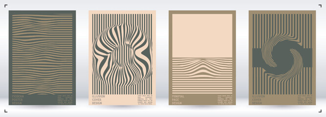 Geometrical Poster Design with Optical Illusion Effect.  Modern Psychedelic Cover Page Collection. Pastel Wave Lines Background. Fluid Stripes Art. Swiss Design. Vector Illustration for Brochure.