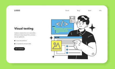 Wall Mural - Visual testing web banner or landing page. Software testing methodology.