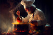 Cook cooks deliciously. Dark background.